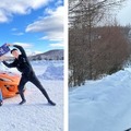 走行会に参加した動画クリエイター(左)/御岳スノーランドでの雪道走行の様子(右)
