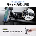 スマートフォンを上から置くだけで重力式アームが自然に閉じ、片手で簡単に固定できる車載スマホホルダー