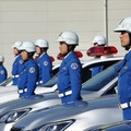 最高速度110km/h試行開始前に出発式を行う静岡県高速道路警察隊（1日・静岡市）