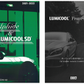 （左）今年のIKCカーフィルム総合カタログ（右）フロントガラスへのフィルム施工を啓蒙するために製作したカタログ「LUMICOOL　Front Shields」