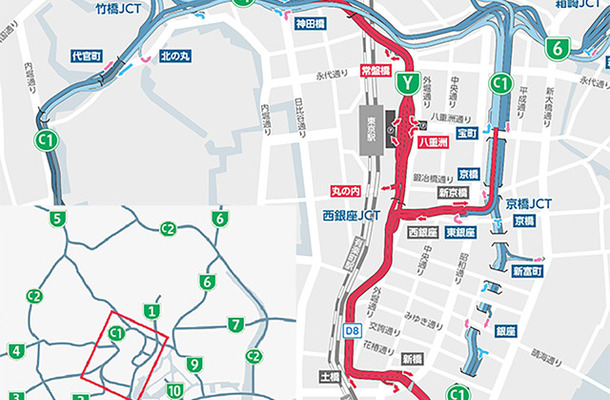 首都高は高速八重洲線を2025年4月上旬から2035年度まで長期通行止めをおこなう。画像は長期通行止め・廃止位置図