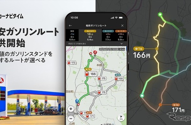 カーナビアプリ『カーナビタイム』が「格安ガソリンルート」検索機能を採用