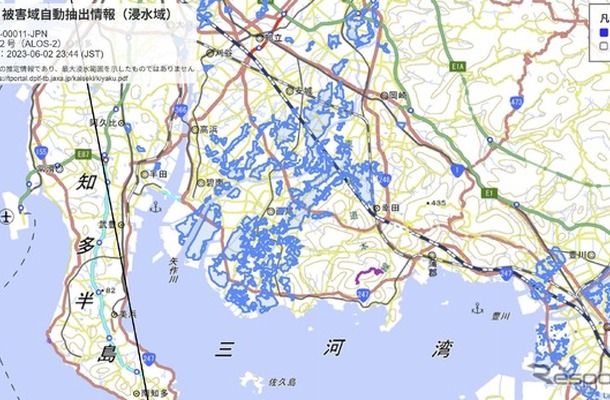 JAXAが「だいち2号」で観測したデータを自動解析した浸水被害推定域