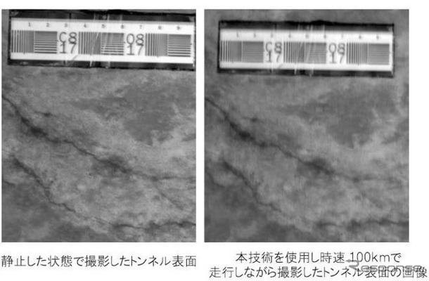 静止状態で撮影した画像（左）と100km/h走行中に撮影した画像