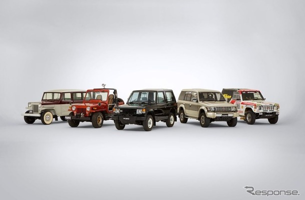 『パジェロ』の初代モデルと2代目モデルのほか、『パジェロ』の礎的な存在であった『J11デリバリ・ワゴン』、『パジェロ』のコンセプトカーである『パジェロⅠ』、初代『パジェロ』のダカールラリー優勝車