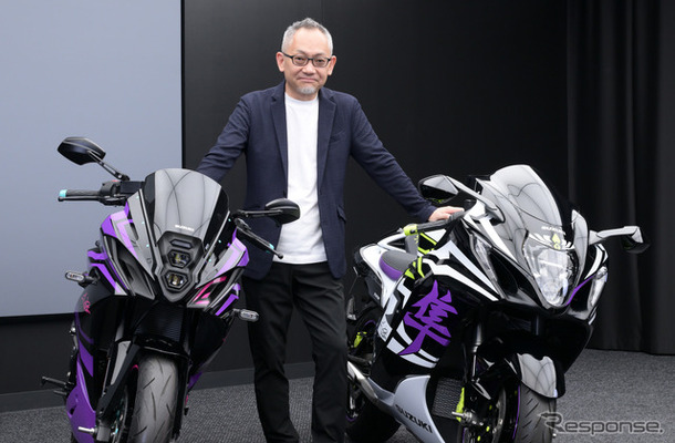 スズキ 二輪デザイン課 課長 古橋伸介氏と、コラボ車両の2台