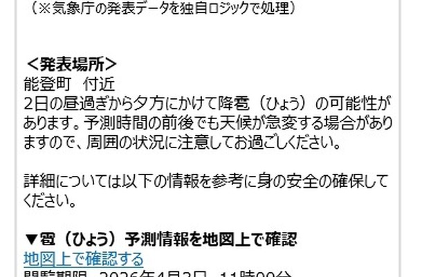 マイページアプリでの降雹アラート発信のイメージ