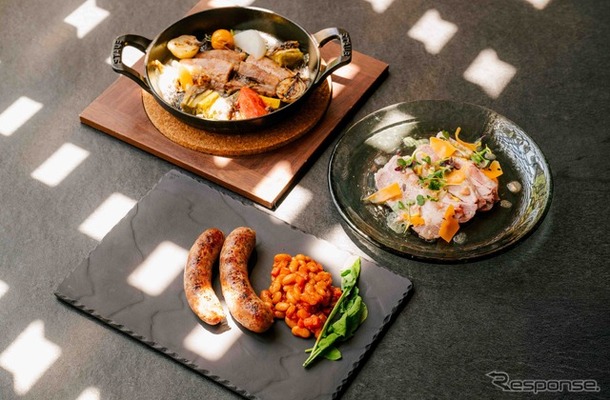 （常陸の輝き）左からベーコン野菜とラクレットチーズソース、ソーセージ 白いんげん豆、ジャンボンブラン エシャロットヴィネグレット