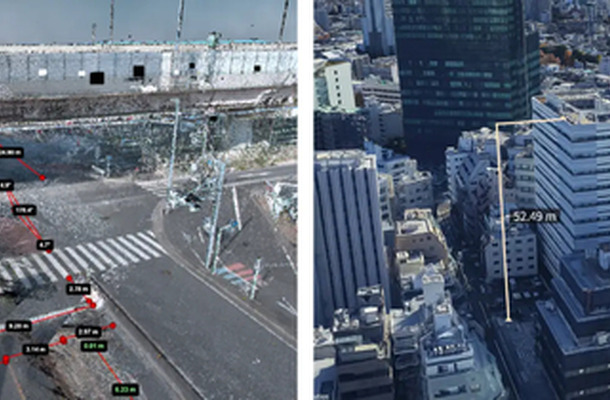 3Dmapspocketによる計測イメージ(左:高精度3次元点群データ／右:Google Photorealistic 3D Tiles)