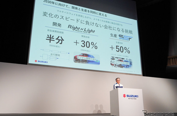 スズキは、2030年に向けて新車開発期間の半減、開発効率30％向上を掲げる