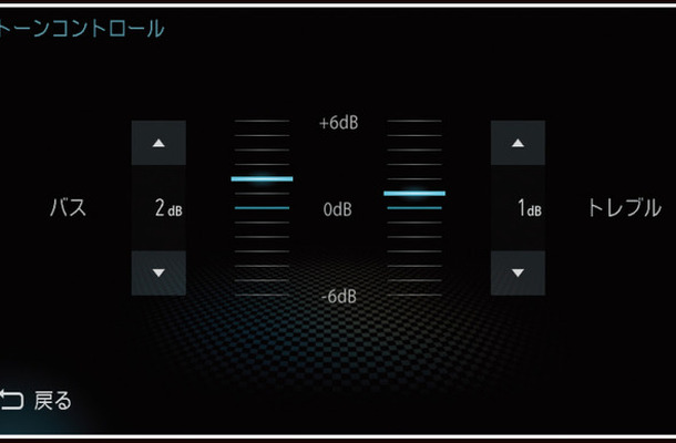 『ダイヤトーンサウンドナビ』の「トーンコントロール」画面。『ダイヤトーンサウンドナビ』には高性能な「イコライザーが搭載されているが、「トーンコントロール」も搭載されていて、手軽な補正も行えるようになっている。