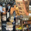 模倣品の摘発現場（左／右上）と、小規模路面店の棚に並ぶ「YAMALUBE」の模倣品（右下）