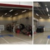 トヨタモビリティパーツ岐阜支社の拠点内に設けられた「エーミング作業場」は、エアコンが導入され、平滑な床面にガイドラインが引かれており、パンタグラフ式リフトが導入されている