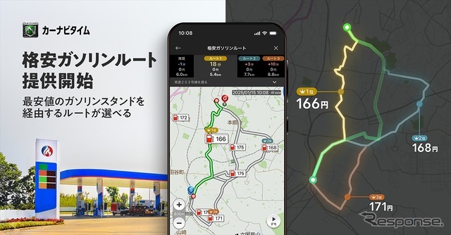カーナビアプリ『カーナビタイム』が「格安ガソリンルート」検索機能を採用