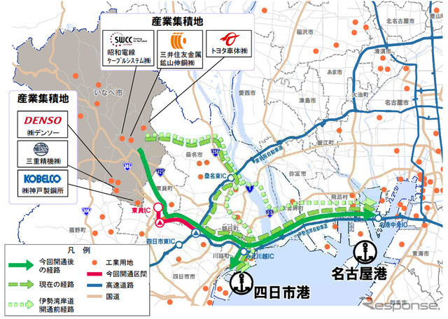 産業集積地の分布と名古屋港・四日市港までのアクセス経路の変化