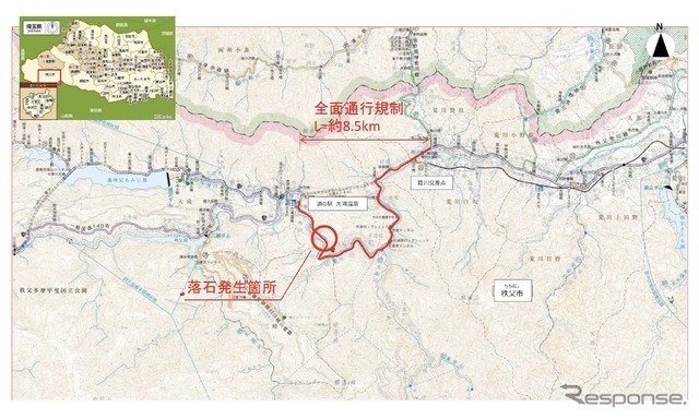 落石発生箇所と当初の通行規制区間