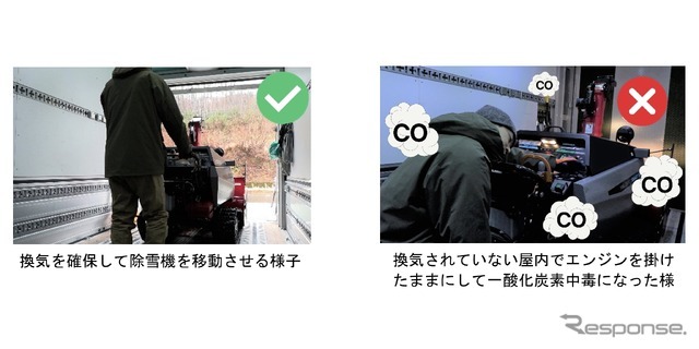 屋内や換気の悪い場所ではエンジンを掛けたままにしない