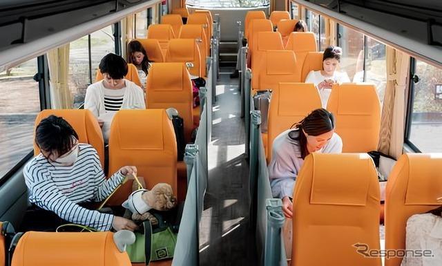 ワンちゃん同士けんかしないように互い違いに設置された座席、各座席のロールスクリーンでプライベート空間を演出