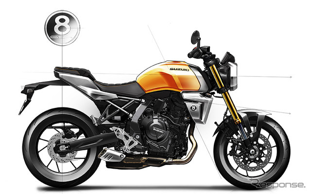 スズキ GSX-8Tのデザインスケッチ。フロントフェンダーからリアに向かって走るラインが、古橋氏のこだわりだ。