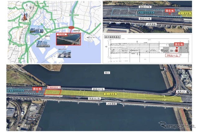 荒川湾岸橋の位置。図中の「現在地」は現地PRセンター