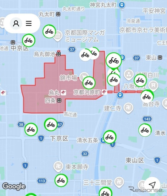 祇園祭期間中のジオフェンシング制御の様子（Limeアプリ画面。赤い部分は走行禁止エリアでジオフェンシング制御がかかっている）