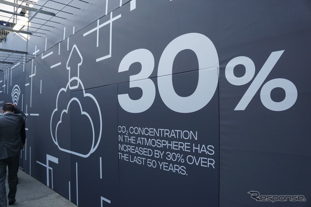 仮設通路の壁面メッセージ・その5。「過去50年間に大気中のCO2は30％増えた」