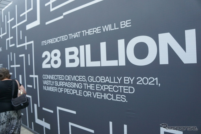 仮設通路の壁面メッセージ・その6。「世界のコネクテッド・デバイス（ネット接続機器）は2021年までに28億台に増えるだろう。これは人や車両の増加をはるかに上回るペースだ」
