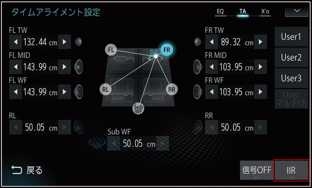 三菱電機『ダイヤトーンサウンドナビ』の“タイムアライメント”の調整画面。