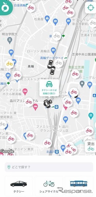 Ringo Pass：地図表示画面のアイコンから品川駅高輪口タクシー乗り場「混雑情報」を確認できる。