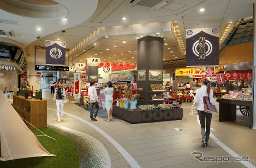 全国から人や品が集まる賑わい市場をイメージした大津SA（下り）のショッピングコーナー「大津楽市」