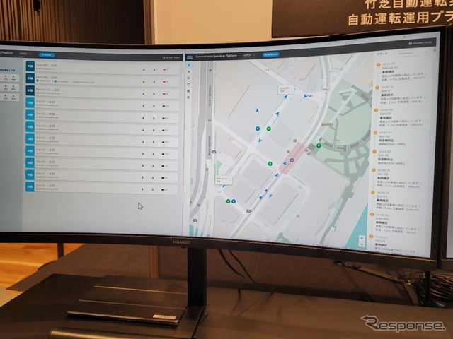 遠隔監視のもうひとつのモニタでは、サービス地域の地図上で、各車両がどこを入っているかが表示される。