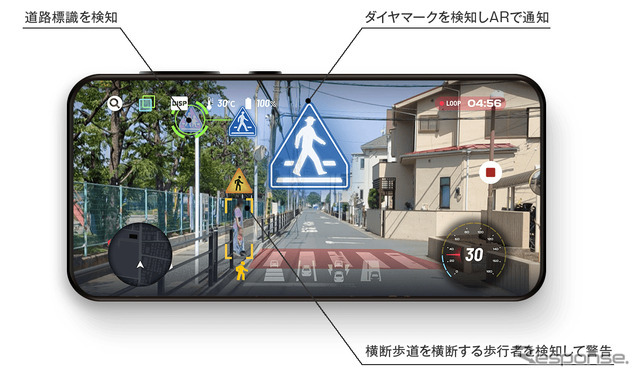 AIによる画像認識で、道路標示・標識や歩行者を検知して通知