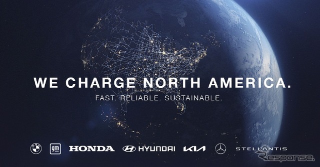 ホンダ、BMWグループ、GM、ヒョンデ、キア、メルセデスベンツグループ、ステランティスの7社が北米で構築するEV向け高出力充電網のイメージ