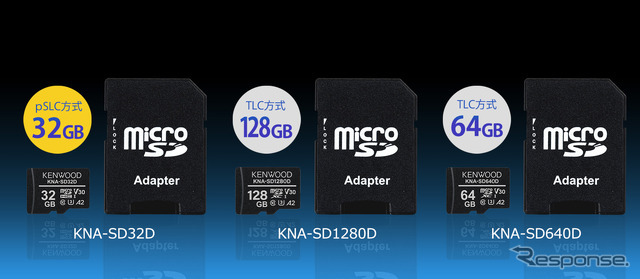 左からmicroSDHCメモリーカード「KNA-SD32D」、microSDXCメモリーカード「KNA-SD1280D」「KNA-SD640D」